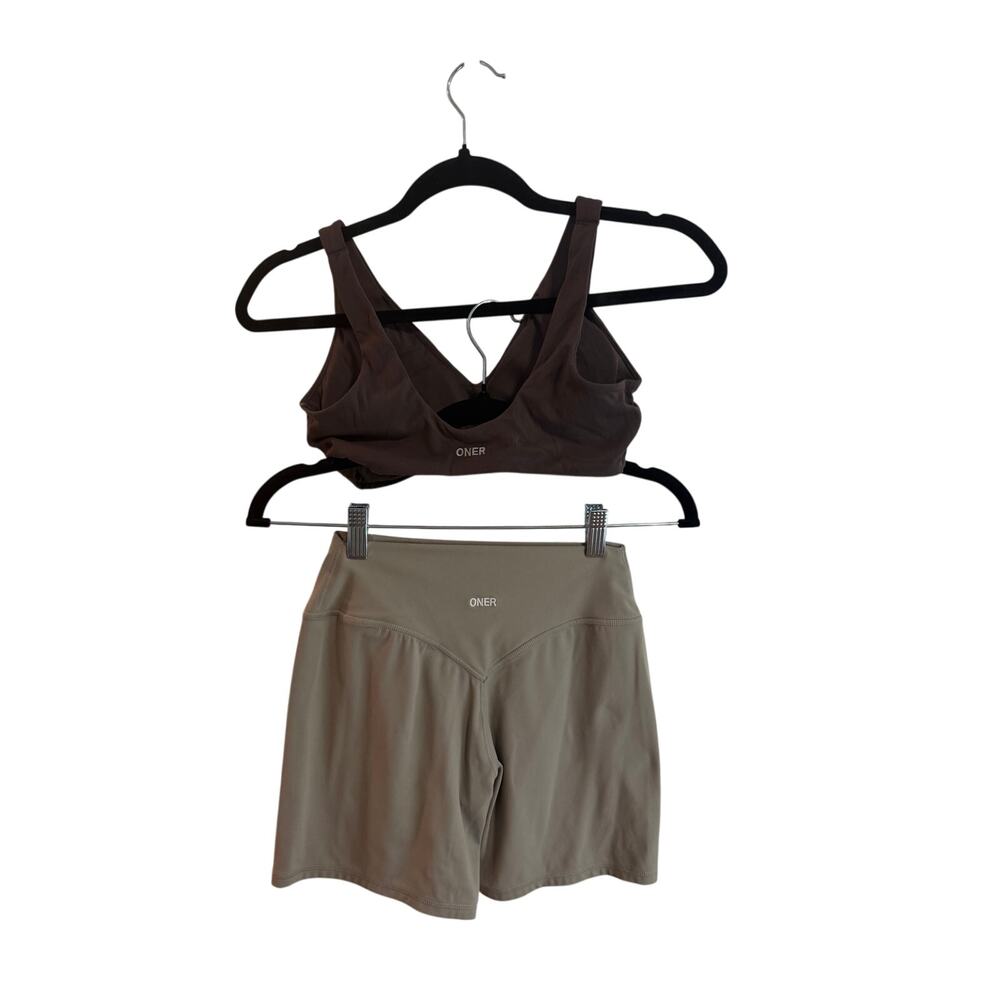 Oner Active SoftMotion Workout Set Sz M Shorts and Bra Beige&Brown Gym Pilates